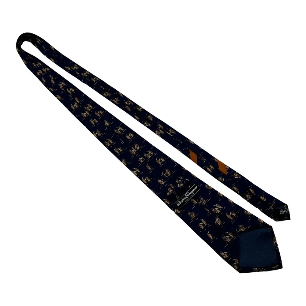 Salvatore Ferragamo Blue‎ w/ Orange Penguin Print Silk Neck Tie Size 3.5